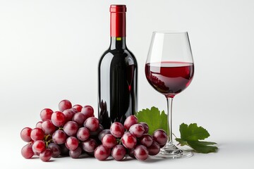 Fototapeta premium Red Wine Bottle Glass and Grapes Still Life Photography for Wine Industry
