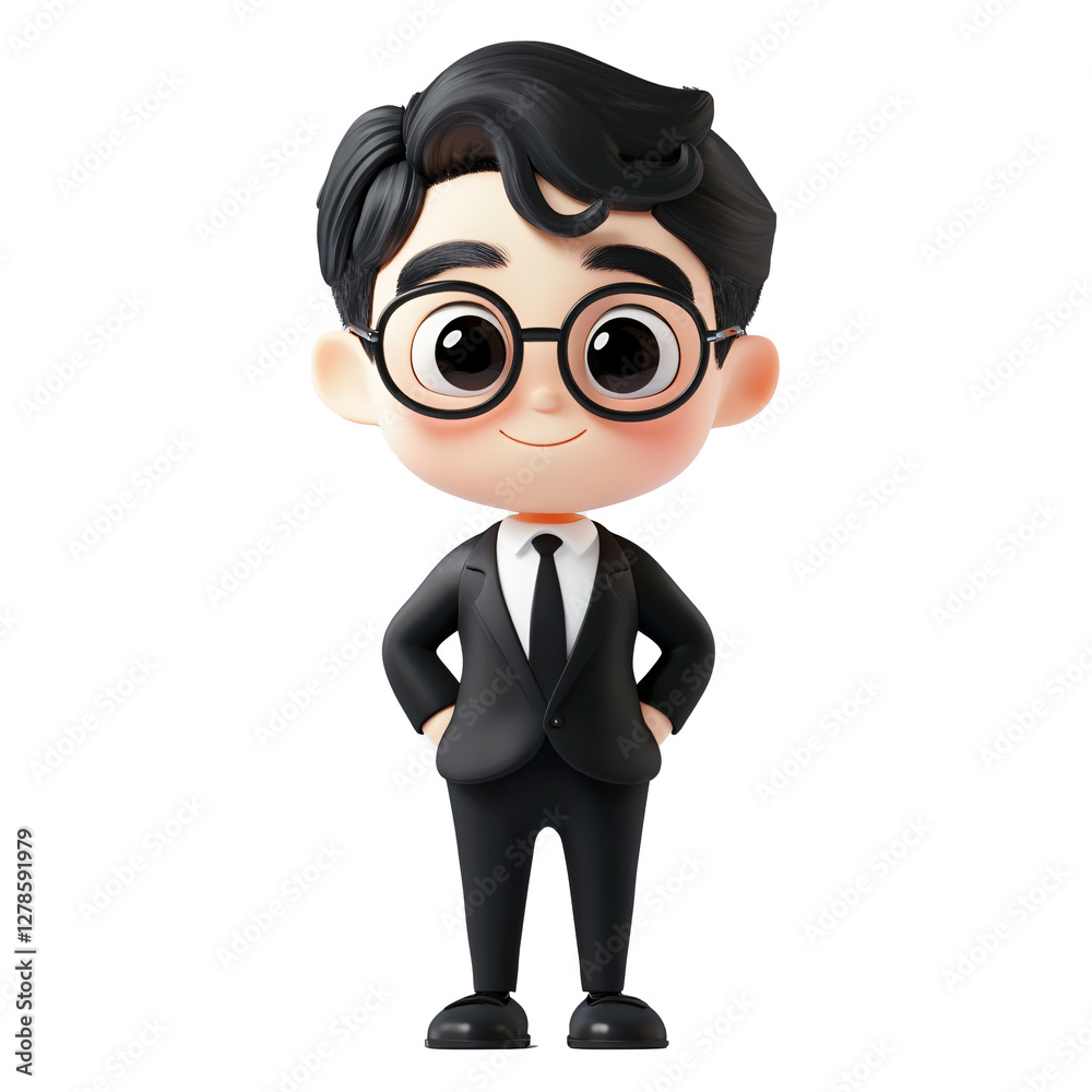 Poster Cartoon character in a suit and tie with q-version design in 3d simple modeling style