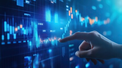  Close-up Hand Touching Virtual Screen Displaying Financial Data and Graphs, Symbolizing Stock Market and Business Success, with Blue Background of Charts and Bar Graphs, and Document Management Syste