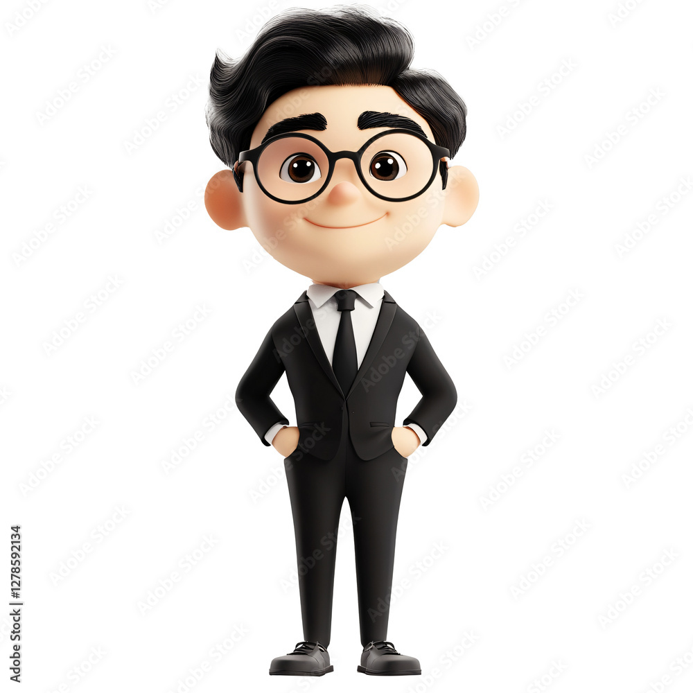 Poster 3d cartoon character in glasses and suit with a q-version design for simple modeling and animation projects