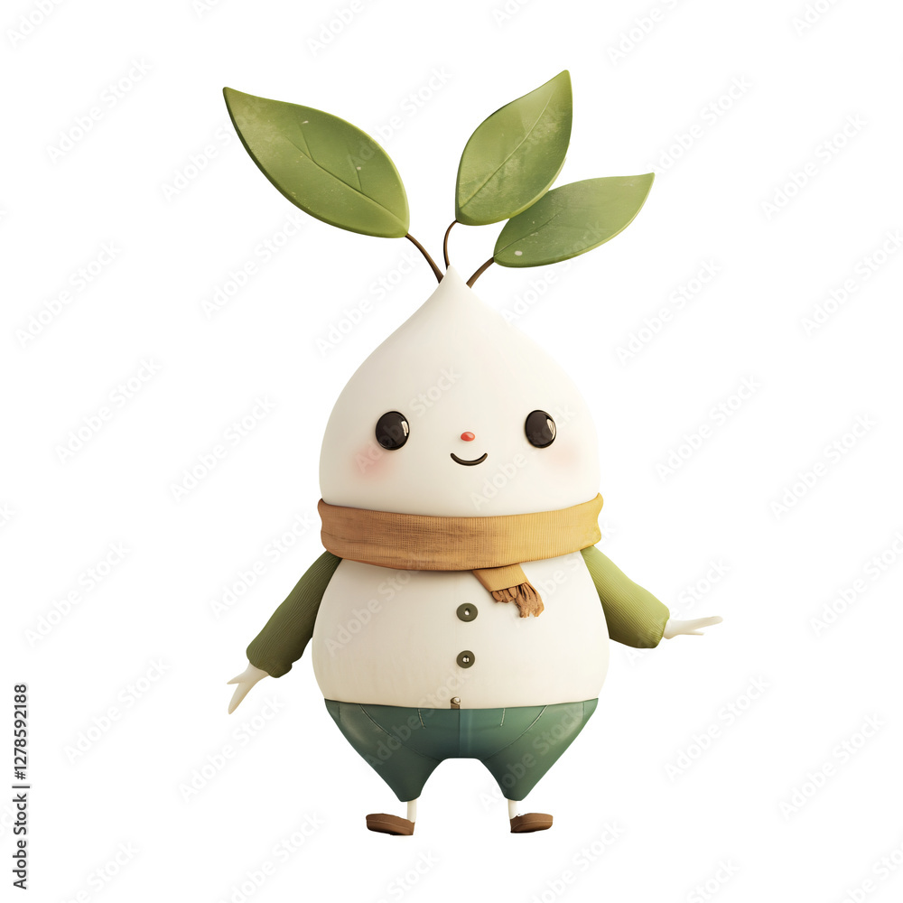 Poster cartoon character with green leaf on head in cute animation style on white background