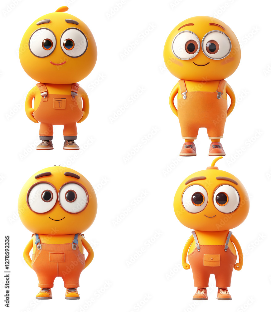 Poster Four images of a yellow toy character with unique animations on a white background