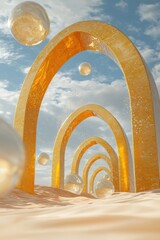 Obraz premium Golden arches and floating spheres in a dreamy desert setting