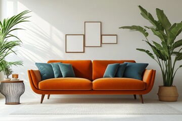 Modern Orange Velvet Sofa in Minimalist Living Room with Plants and Frames