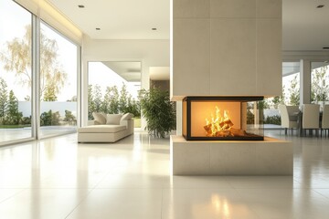Obraz premium Modern Minimalist Living Room with Cozy Fireplace and Large Windows
