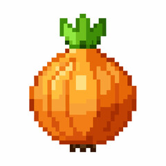 Fototapeta premium Pixel Art Orange Onion with Green Top Retro Video Game Style
