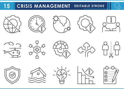 A set of line icons related to Crisis Management. Crisis, pandemic, rescue, risky, health service, and so on. Vector editable stroke.