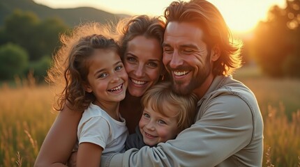 Fototapeta premium A happy family shares a heartfelt embrace in a sunlit meadow during the golden hour. Laughter fills the air as children nestle closely, radiating pure joy and connection
