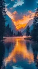 Fototapeta premium Vibrant Sunset Over Misty Mountain River with Pine Trees - Minimalist Background for Mobile Phones