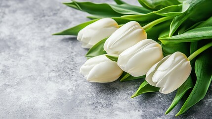 Serene White Tulips in Full Bloom, Delicate Petals and Green Leaves, Soft Gray Background, Shallow Depth of Field, Floral Unity