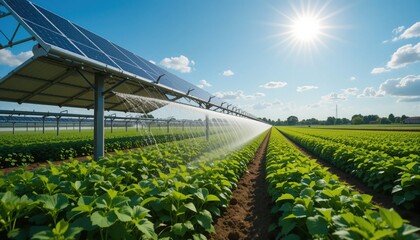 Rows of vibrant green crops thrive under the sun's warm glow as solar panels provide energy for irrigation. A perfect blend of technology and nature supports sustainable agriculture
