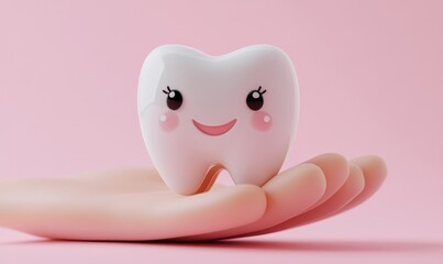Cute 3D Cartoon Tooth with Smile on Pink Background