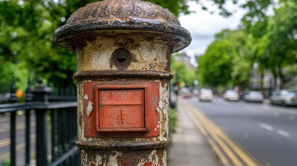 Weathered Red Postbox with Letters in a Lively Urban Setting