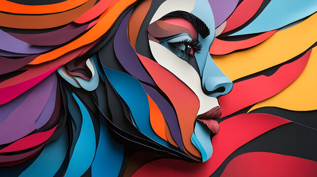 art piece featuring layered cut-paper portraits with sharp shadows and striking color combinations 
