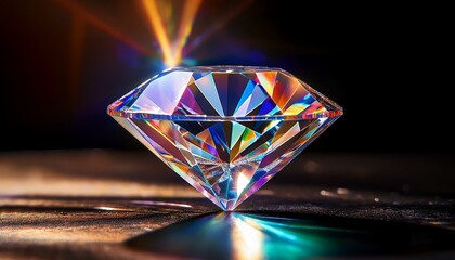 Macro shot of a diamond reflecting a spectrum of light, showcasing its intricate facets and sparkling brilliance. The play of light creates a dazzling and luxurious effect.