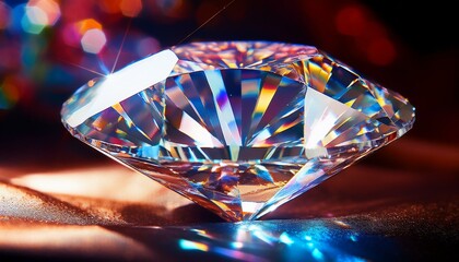 Macro shot of a diamond reflecting a spectrum of light, showcasing its intricate facets and sparkling brilliance. The play of light creates a dazzling and luxurious effect.