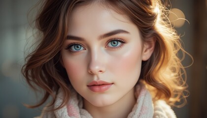 A young woman with striking blue eyes gazes thoughtfully towards the camera, her soft curls framing her face. Natural light enhances her features, creating a tranquil atmosphere