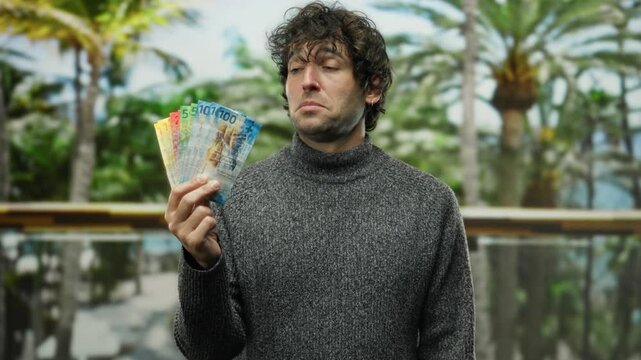 Man outdoors holding swiss francs in a city street setting with vibrant greenery, expressing joy while showcasing colorful banknotes.