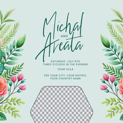 Floral funeral invitation template features a vintage floral frame encircling a circular photo placeholder on a grey background