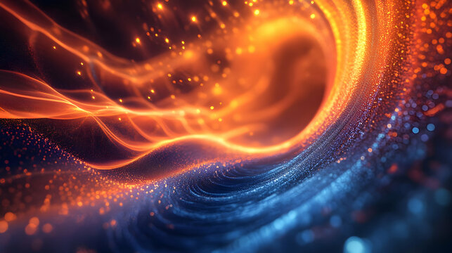 Fiery orange light ribbons spiral through deep blue particles, forming a dynamic energy vortex that glows with motion, heat, and futuristic power.