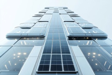 Obraz premium Modern Glass Skyscraper with Integrated Solar Panels Sustainable Architecture Design