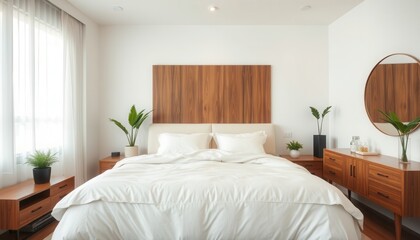 Soft white bedding and wooden accents create a warm ambiance in this contemporary bedroom. Natural light filters through sheer curtains, enhancing the serene atmosphere