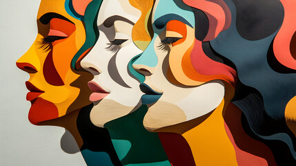 art piece featuring layered cut-paper portraits with sharp shadows and striking color combinations 