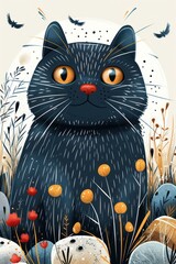 A stylized illustration of a black cat surrounded by colorful plants and stones.