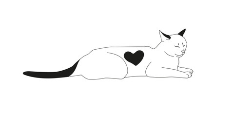 Relaxed cat with a heart-shaped spot illustration. Lying-down peaceful feline in modern minimalist style. Black and white vector calm cat drawing