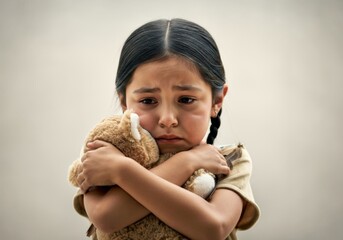 Sad Native American girl holding teddy bear with worried expression in emotional portrait