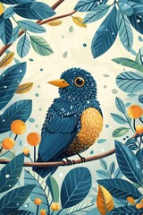 Fototapeta premium A vibrant illustration of a blue bird perched among colorful leaves and berries.