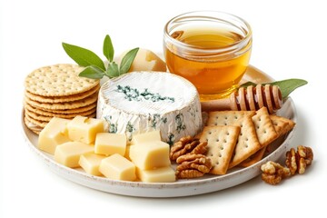 Delicious Cheese Platter with Honey Crackers Walnuts and Sage