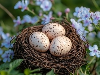 Obraz premium Bird eggs nest spring flowers