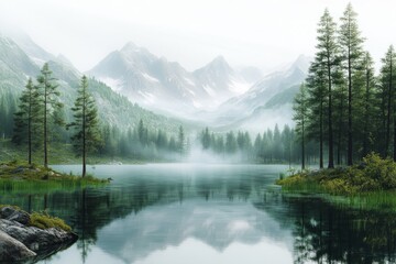 Serene Mountain Lake Landscape Misty Morning in a Pristine Alpine Forest