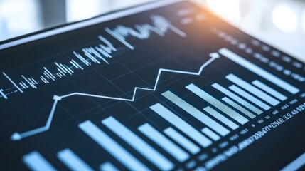 Data analysis dashboard displaying fluctuating graphs and statistics in a modern office environment