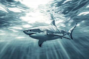 Naklejka premium Majestic Great White Shark Underwater Ocean Predator Sunlight Rays