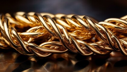 Extreme close-up of gold chains intertwined, showcasing the intricate texture, rich shine, and luxurious details, highlighting the opulence and elegance of the jewelry.