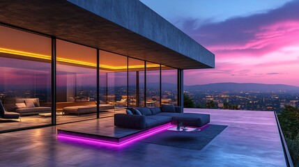 Obraz premium Modern architectural home with a stunning infinity pool overlooking a serene sunset landscape. 