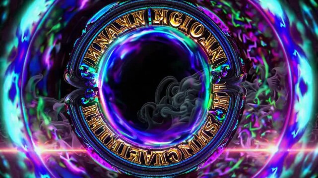 Luminous Circular Portal Framed by Ancient Iridescent Letters in Cosmic Gold and Deep Violet – Swirling Obsidian Mists Merge with Radiant Beams of Neon Turquoise and Magenta, While Intricate - Powered by Adobe