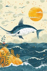 Obraz premium A colorful illustration of a marlin leaping over waves under a bright sun.