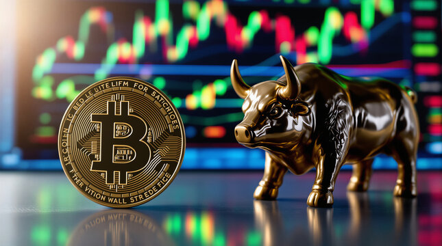 Representa&ccedil;&atilde;o de um mercado financeiro em alta com um touro dourado e uma moeda de Bitcoin em destaque, gr&aacute;ficos coloridos ao fundo.