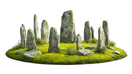 Stone circle of Callanish rising from verdant grass, 3D rendering with transparent background, perfect for digital compositing