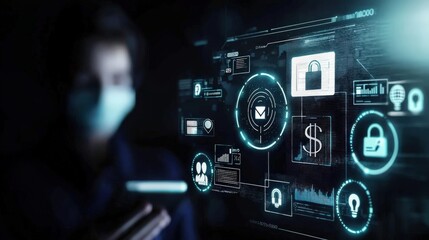 Digital security interface with masked person interacting.