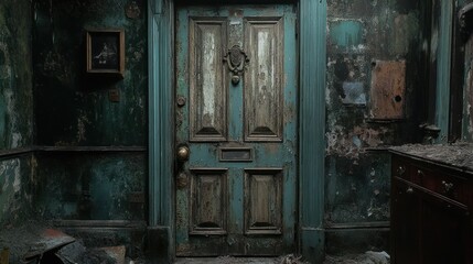 Abandoned house, old door, decaying walls, mystery