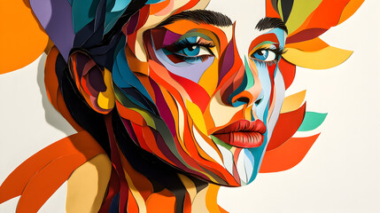 portrait of a woman with features constructed from layers of cut paper in a colorful, graphic style 