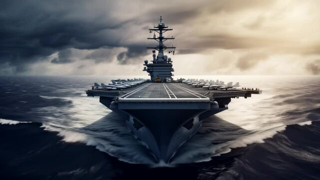 A powerful aircraft carrier sailing through the ocean under dramatic storm clouds. The deck is filled with fighter jets, showcasing naval strength, military power, and maritime dominance