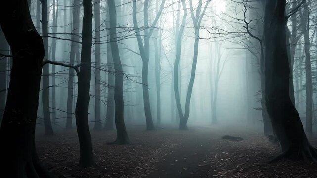 A mysterious foggy forest with tall, bare trees and a dark pathway leading into the mist. The eerie atmosphere creates a sense of mystery, solitude, and adventure in the wilderness