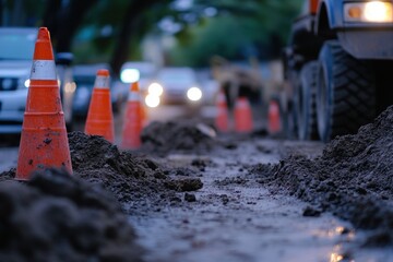 Naklejka premium Construction Zone with Traffic Cones and Muddy Road at Dusk