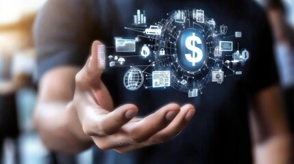 Hand holding digital financial symbols and dollar sign graphic.