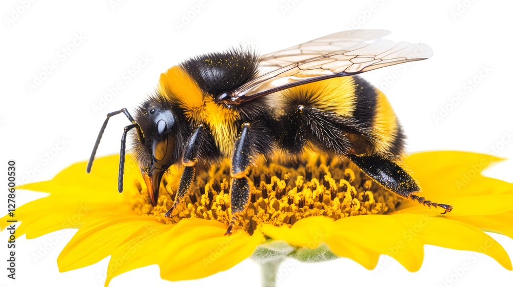 Poster fuzzy bumblebee gathering golden pollen from vibrant yellow bloom, highlighting pollination process 